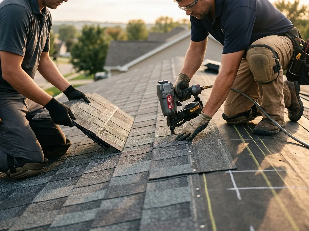 Professional roofer working on a residential roof in West Pennsboro